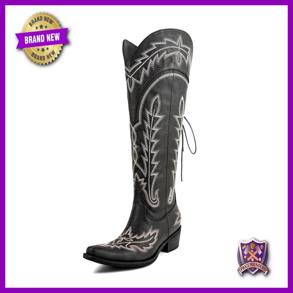 Knee High Western Cowgirl Boots Wide Calf Embroidered Lace Up Fashion Boots - Picture 2 of 6